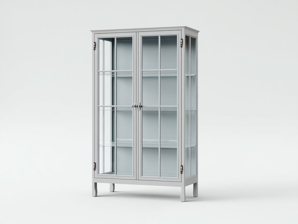 Vitrina de madera y vidrio 90x40x180 cm - gris claro - diseño clásico para salón