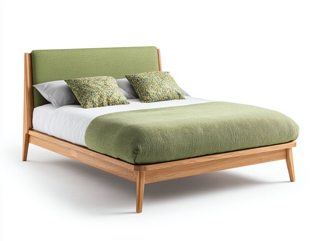 Camas dobles de madera 200x160x95 cm - madera natural-verde - cabecero tapizado para dormitorio