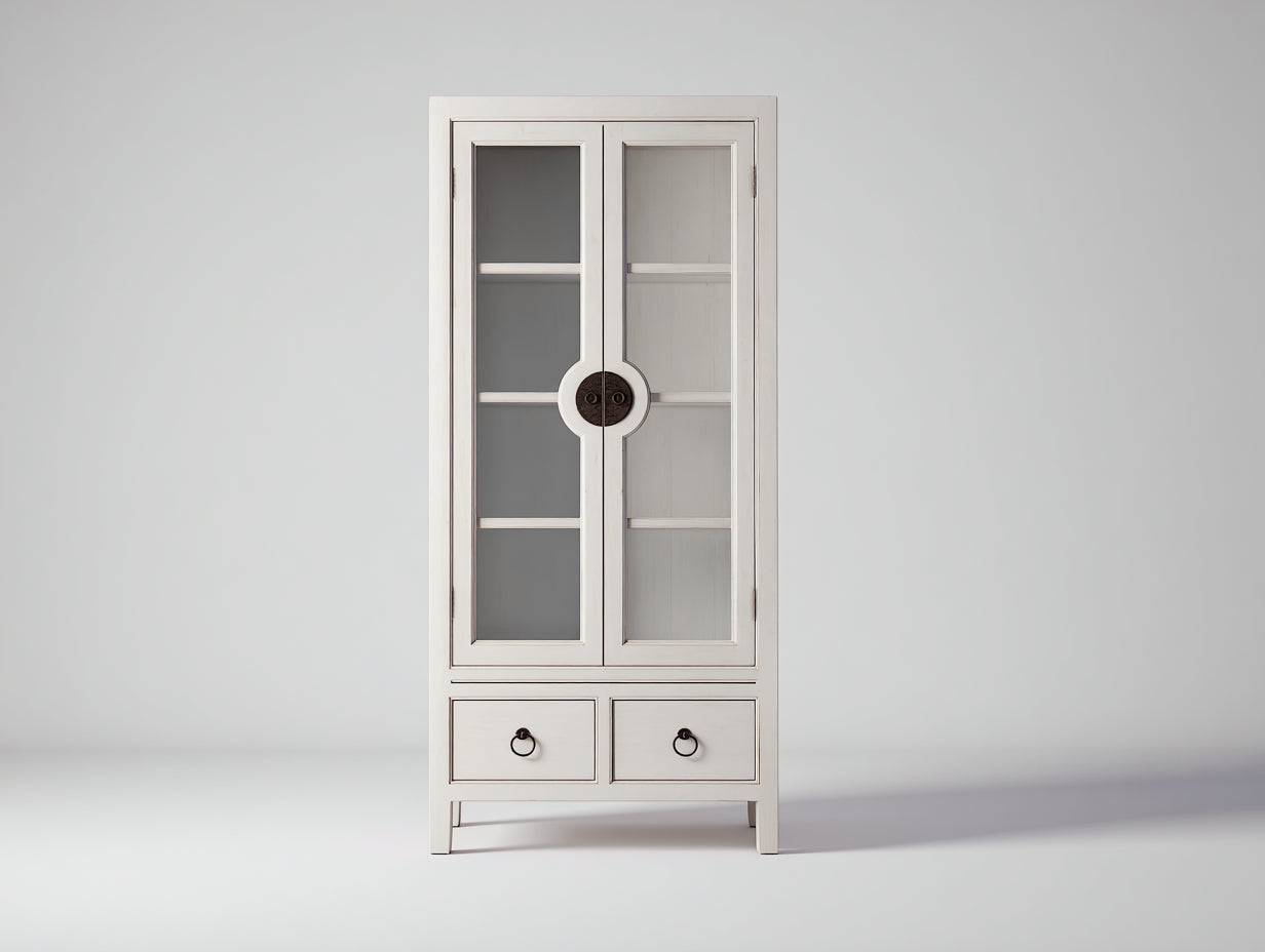 Vitrina madera y vidrio 75x38x170 cm - blanco - diseño clásico con 2 puertas y 2 cajones