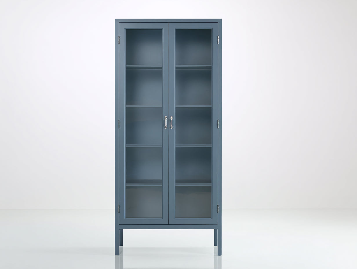 Vitrina de metal y vidrio 90x38x180 cm - azul grisáceo - armario expositor con puertas para comedor