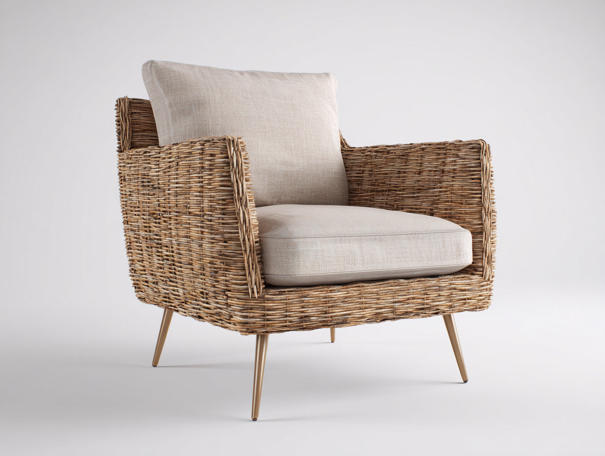 Sillones de ratán 88x82x84 cm crema y madera natural - diseño moderno para salón
