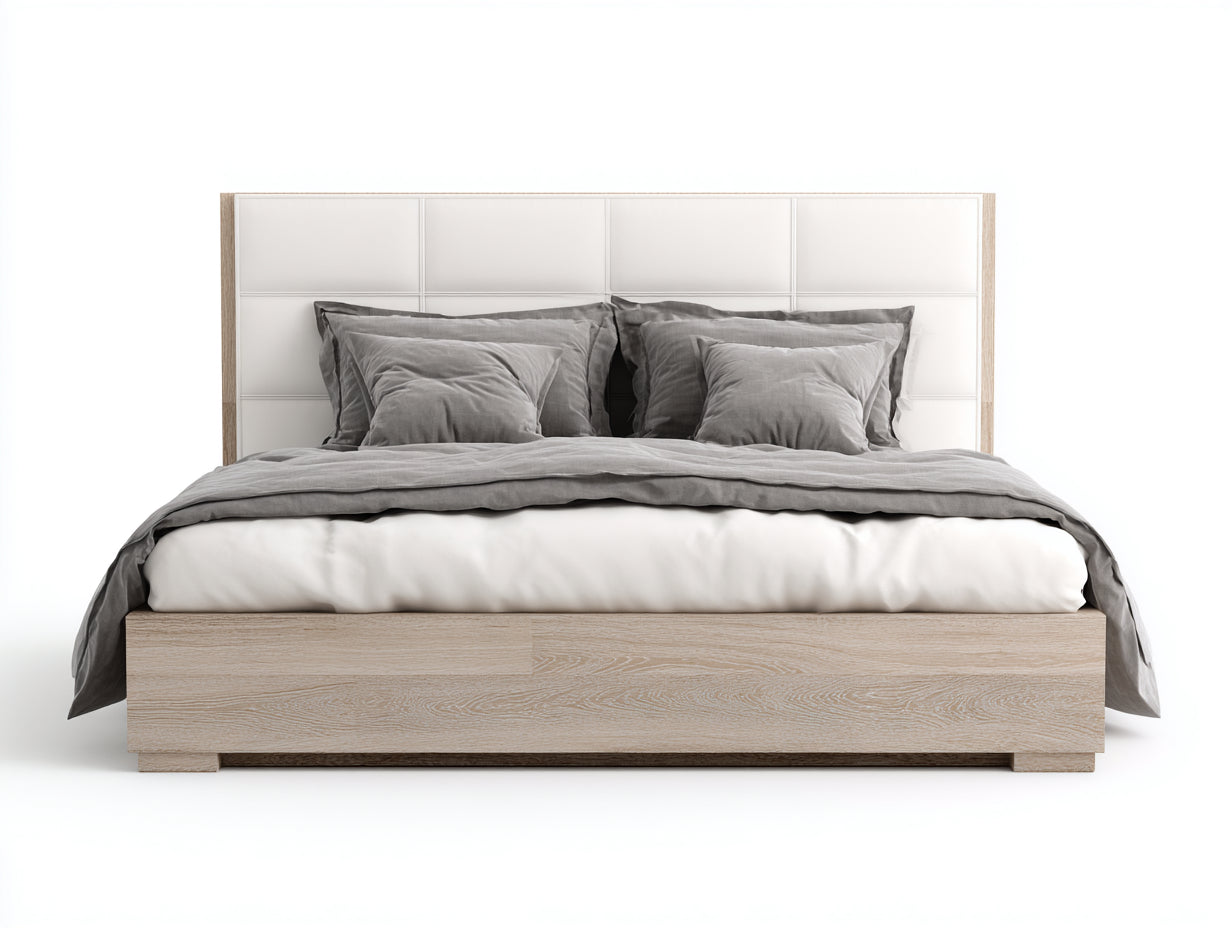 Camas dobles de madera 210x170x115 cm - natural y blanco - diseño moderno con cabecero tapizado