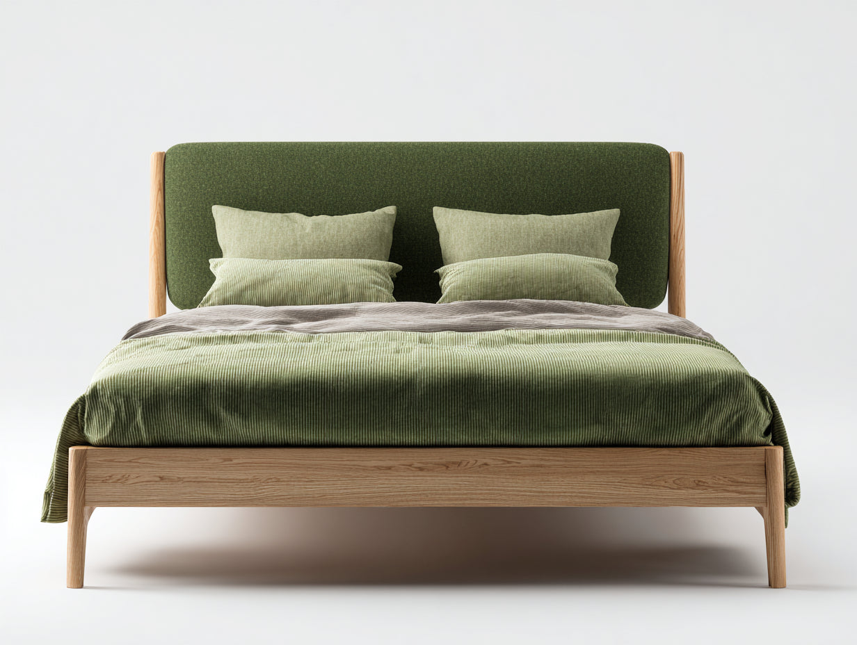 Camas dobles madera y tela 200x180x110 cm - roble-verde - diseño nórdico con cabecero tapizado