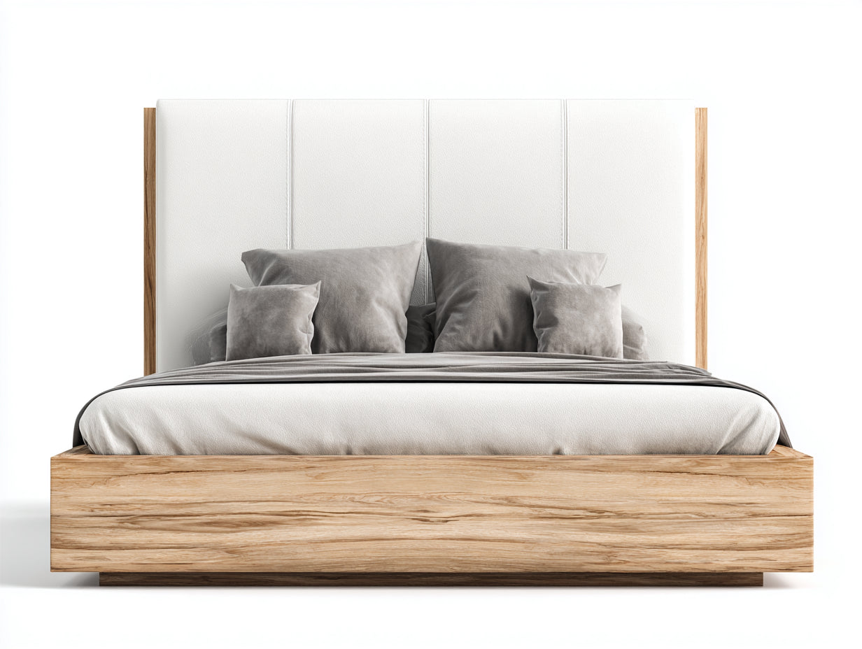 Camas dobles de madera 210x170x120 cm - natural y blanco - diseño moderno con cabecero tapizado