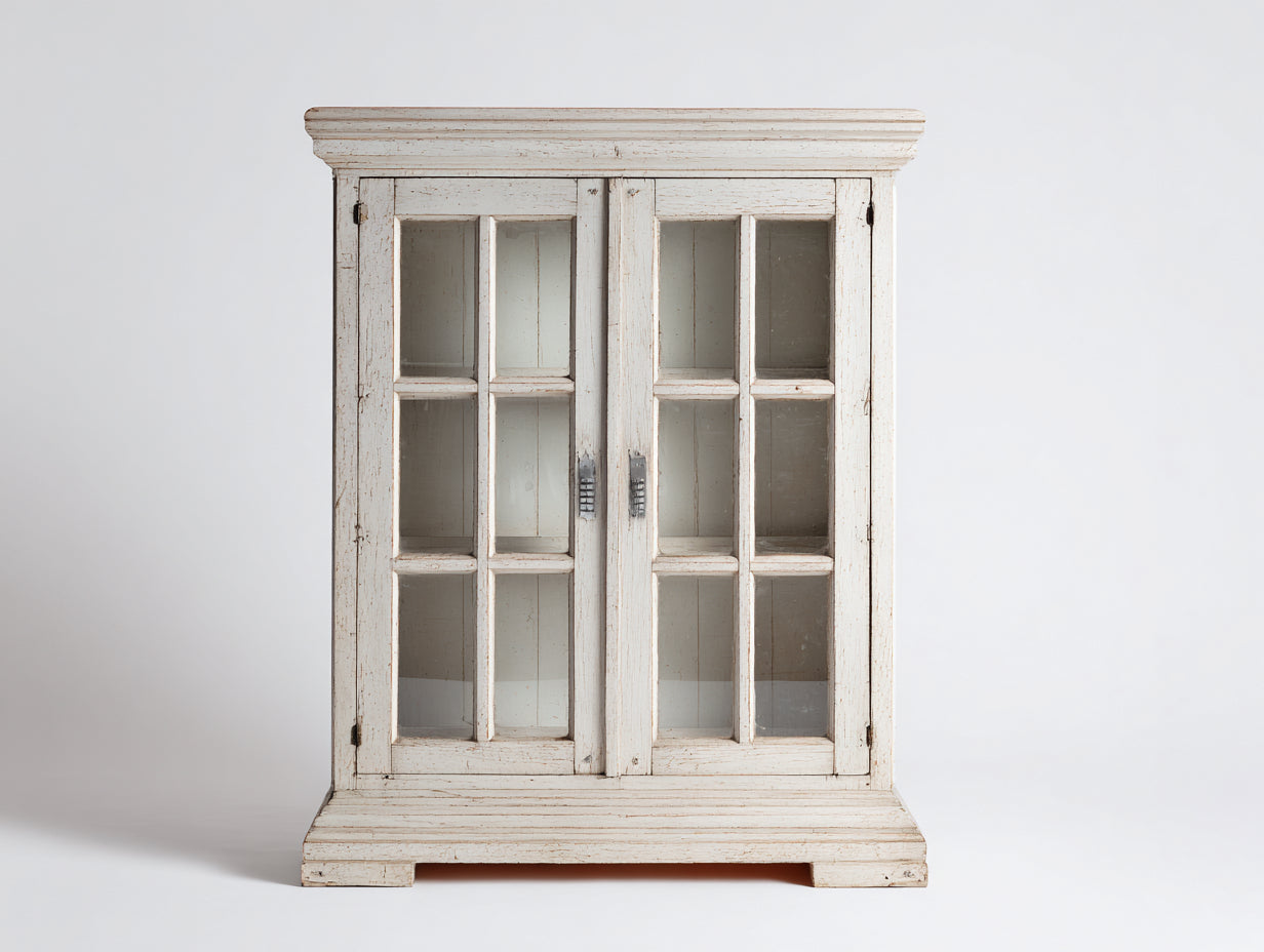 Vitrina madera y vidrio 88x42x145 cm - blanco envejecido - diseño rústico con 2 puertas