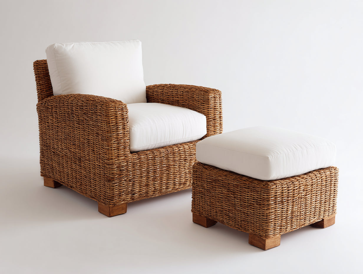 Sillones de ratán con reposapiés 82x78x82 cm - natural y blanco - diseño trenzado con cojines