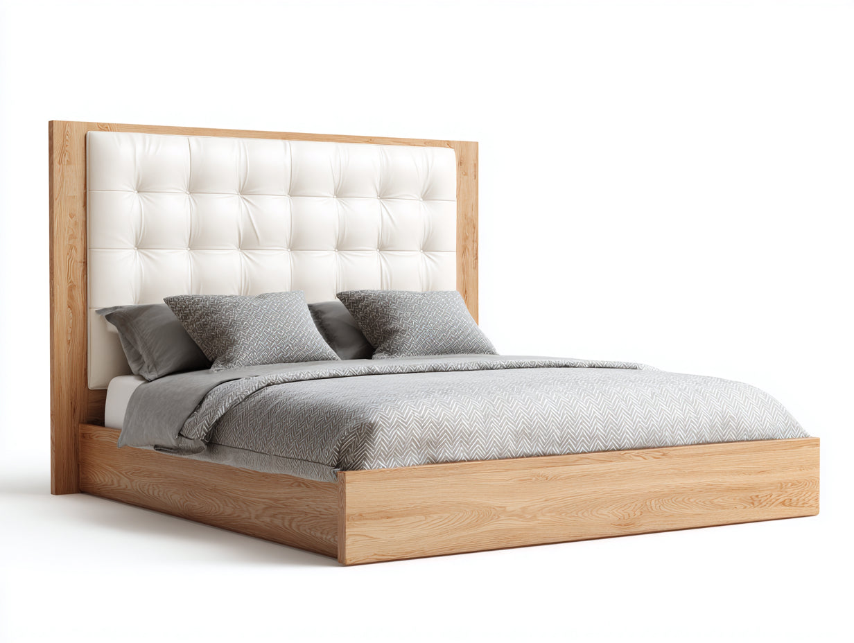 Camas dobles madera y tela 200x160x115 cm - roble-blanco - diseño moderno con cabecero capitoné