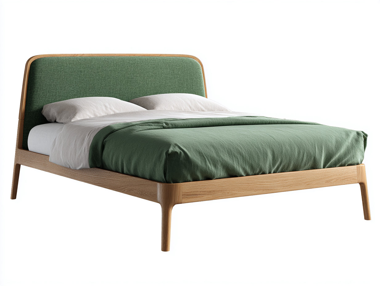 Camas dobles de madera 210x170x105 cm - natural y verde - diseño moderno con cabecero tapizado