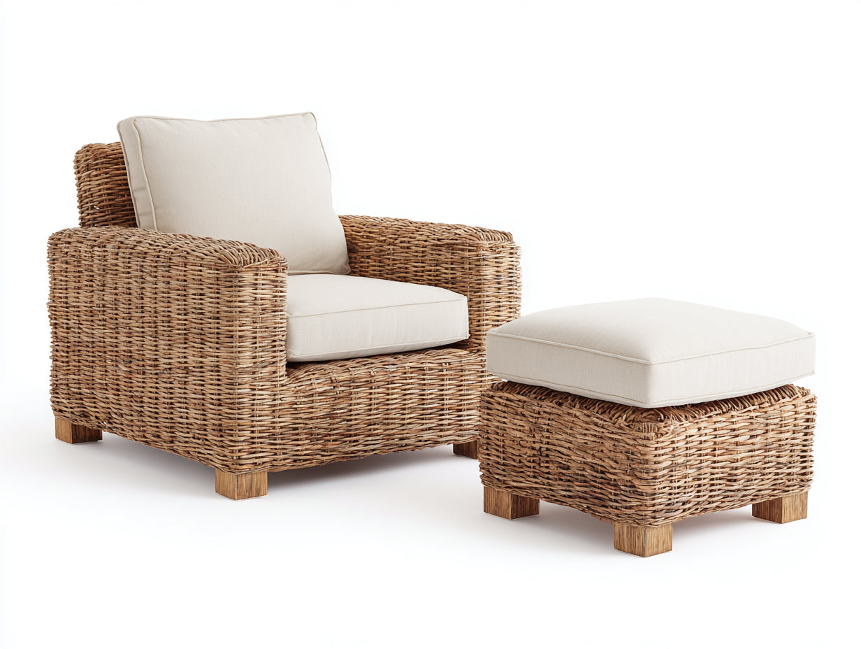 Sillones de ratán ratán y tela 90x86x82 cm - natural-beige - diseño moderno con reposapiés