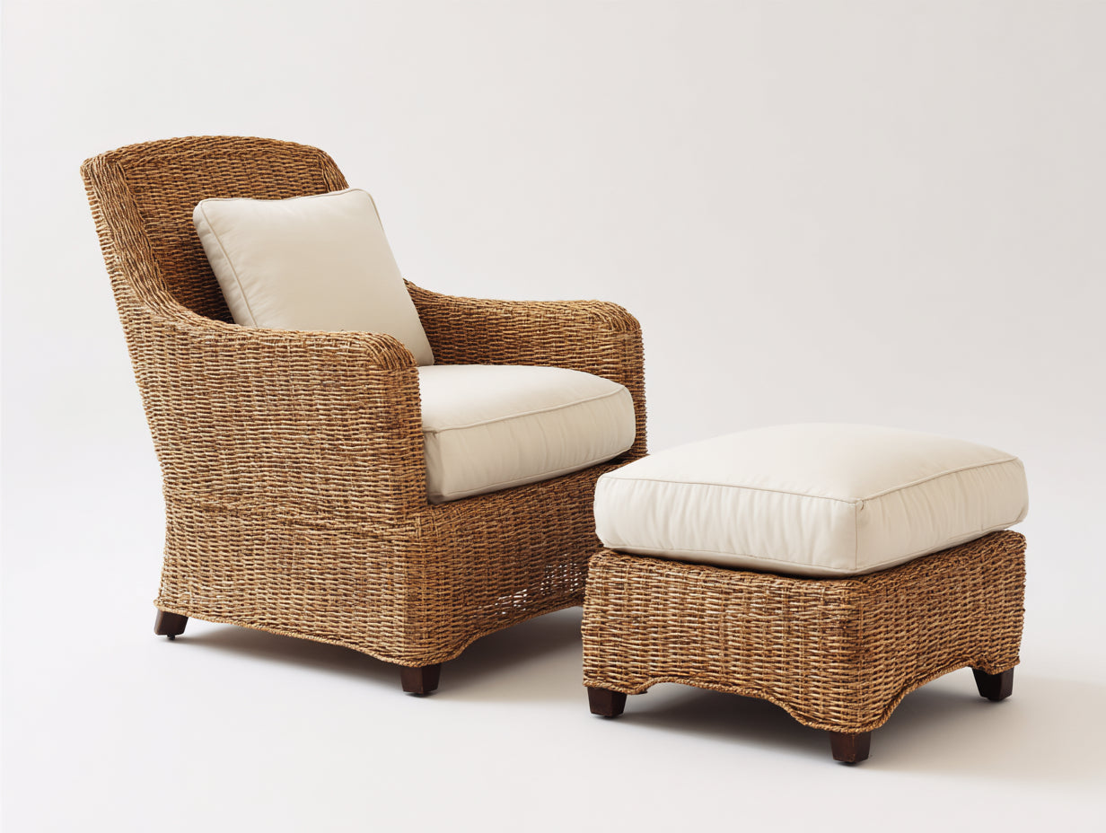 Sillones de ratán ratán y tela 88x84x90 cm - natural-beige - diseño clásico con reposapiés