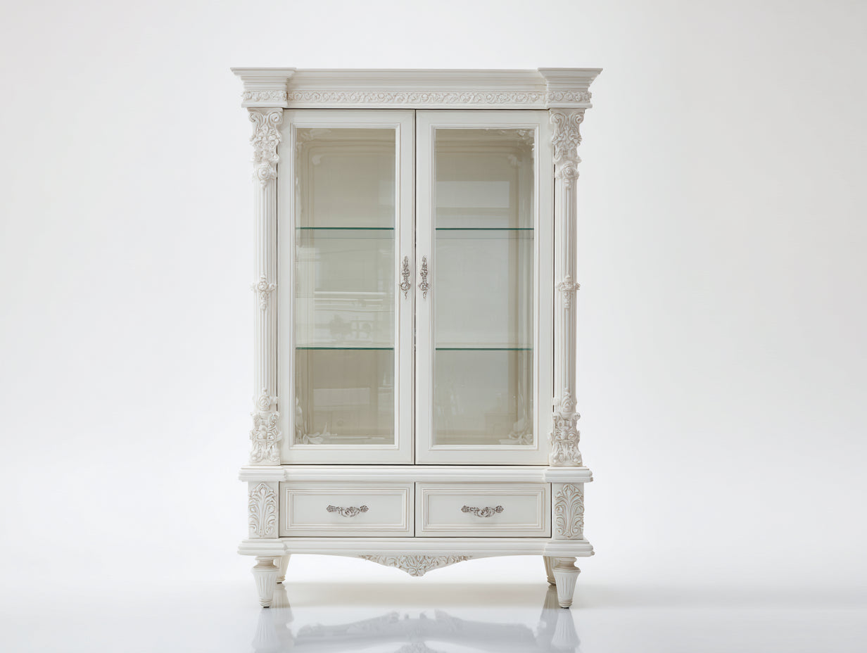 Vitrina de madera y vidrio 120x45x205 cm - blanco y plateado - diseño clásico con 2 puertas y 2 cajones
