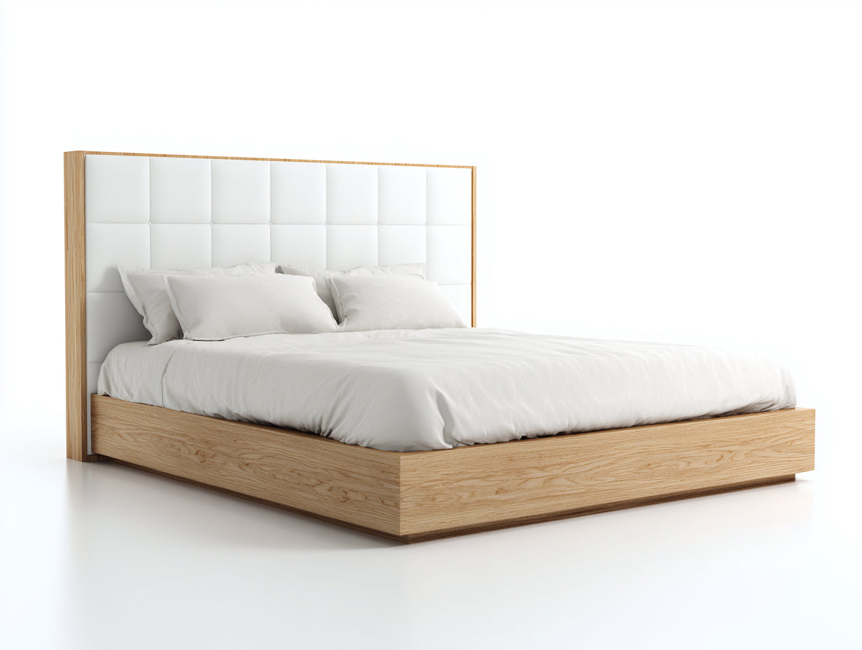 Camas dobles de madera 200x160x115 cm - madera natural-blanco - cabecero acolchado para dormitorio